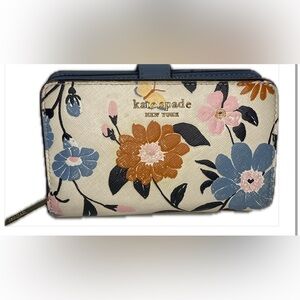 Kate Spade Cream and Blue Wallet Floral Design